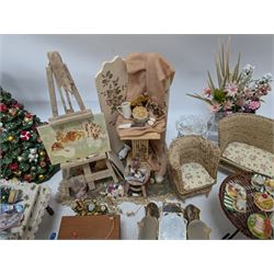 Dolls house conservatory and garden accessories, including sofa and chairs, trees, plants, paintings, Christmas decorations, etc 