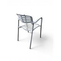Set of eight mid-20th century painted aluminium garden armchairs, curved backs with shaped seat, stackable