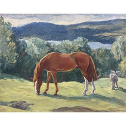 M Garnett (British 20th Century): Grazing Horses ''Ptarmigan' At Grass', oil on canvas signed and dated 1946, titled verso 29cm x 37cm 