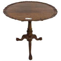 Georgian design hardwood tripod table, moulded pie-crust tilt-top, turned and fluted column carved with foliage, on three acanthus leaf carved splayed supports with ball and claw feet
