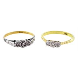 Two early - mid 20th century 18ct gold and platinum three stone diamond chip rings, both stamped