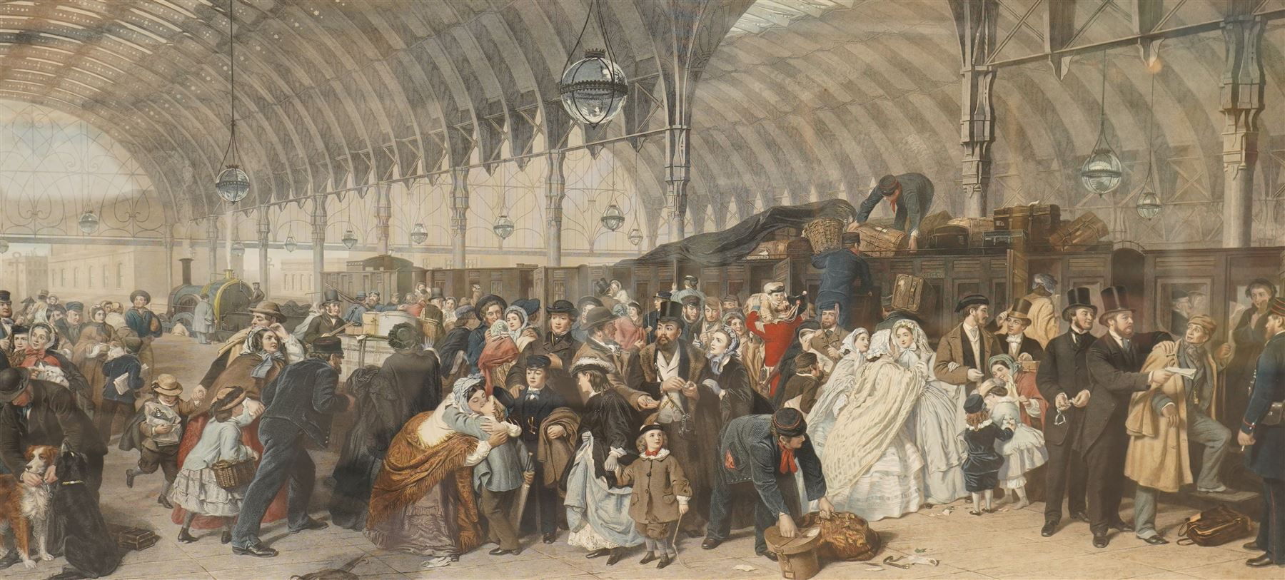 After William Powell Frith RA (British 1819-1909): 'The Railway Station', 19th century engraving with hand-colouring pub.1866, 52cm x 110cm