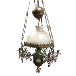  Dutch rise and fall brass ceiling light, cast with figures and foliate scrolls to six candle sconces, central oil lamp with Majolica style reservoir, pull weight and green glass shade, W45cm approx  