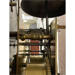 Henry Hindley of York – mid-18th century oak cased 8-day longcase clock,
flat topped caddy pediment with gesso finials, rectangular hood door flanked by wooden turned pilasters with capitals, canted trunk with a full-length break arch topped door on a short plinth with applied skirting and bracket feet, brass dial with a silvered chapter ring, Roman numerals and five-minute Arabic’s, minute and inner quarter hour tracks, matted dial centre with subsidiary seconds dial, blued steel hands and female head pattern spandrels, silvered calendar dial to the break arch with dolphin spandrels, four pillar rack striking movement, striking the hours on a bell. With weights and pendulum. 
H250 W48 D27
Henry Hindley originally from Wigan (Lancs) is recorded as working in York from Petergate 1731-41 then Stonegate 1741-1771. A famous and highly innovative maker, often referred to as the “Tompion of the North.” 
