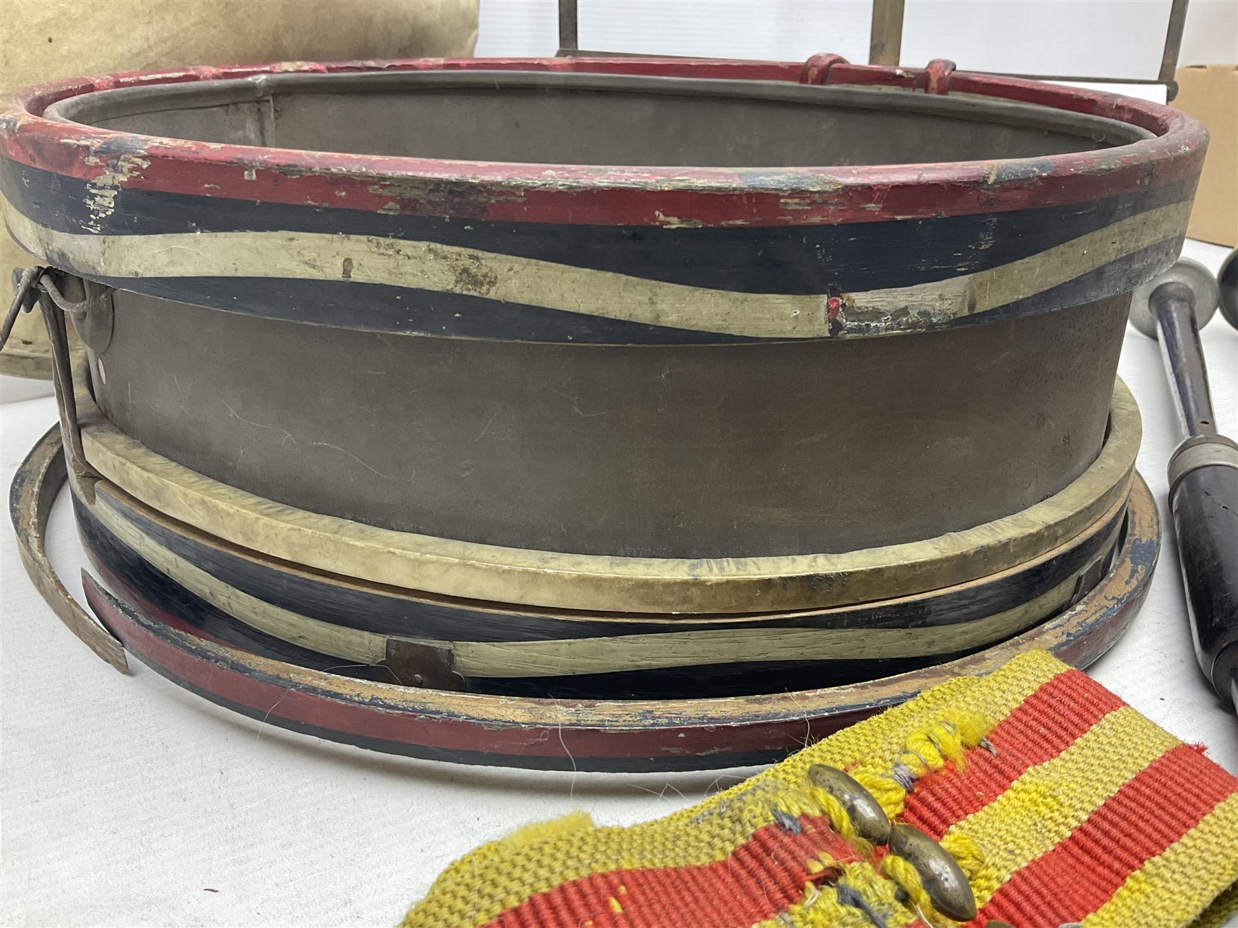 Disassembled early 20th century Boys Brigade snare drum D37cm with copy WW1 period photograph of the Kirbymoorside Boys Brigade; early 20th century hardwood clarinet; bagpipes chanter; and Dulcet E-flat penny whistle