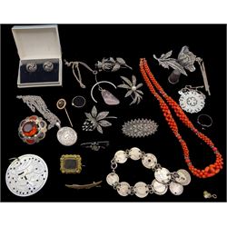 Collection of Victorian and later jewellery including three silver marcasite brooches, silver coin bracelet, coral necklace, gold stone set ring, floral brooch, Birmingham 1888, coin bracelet, etc