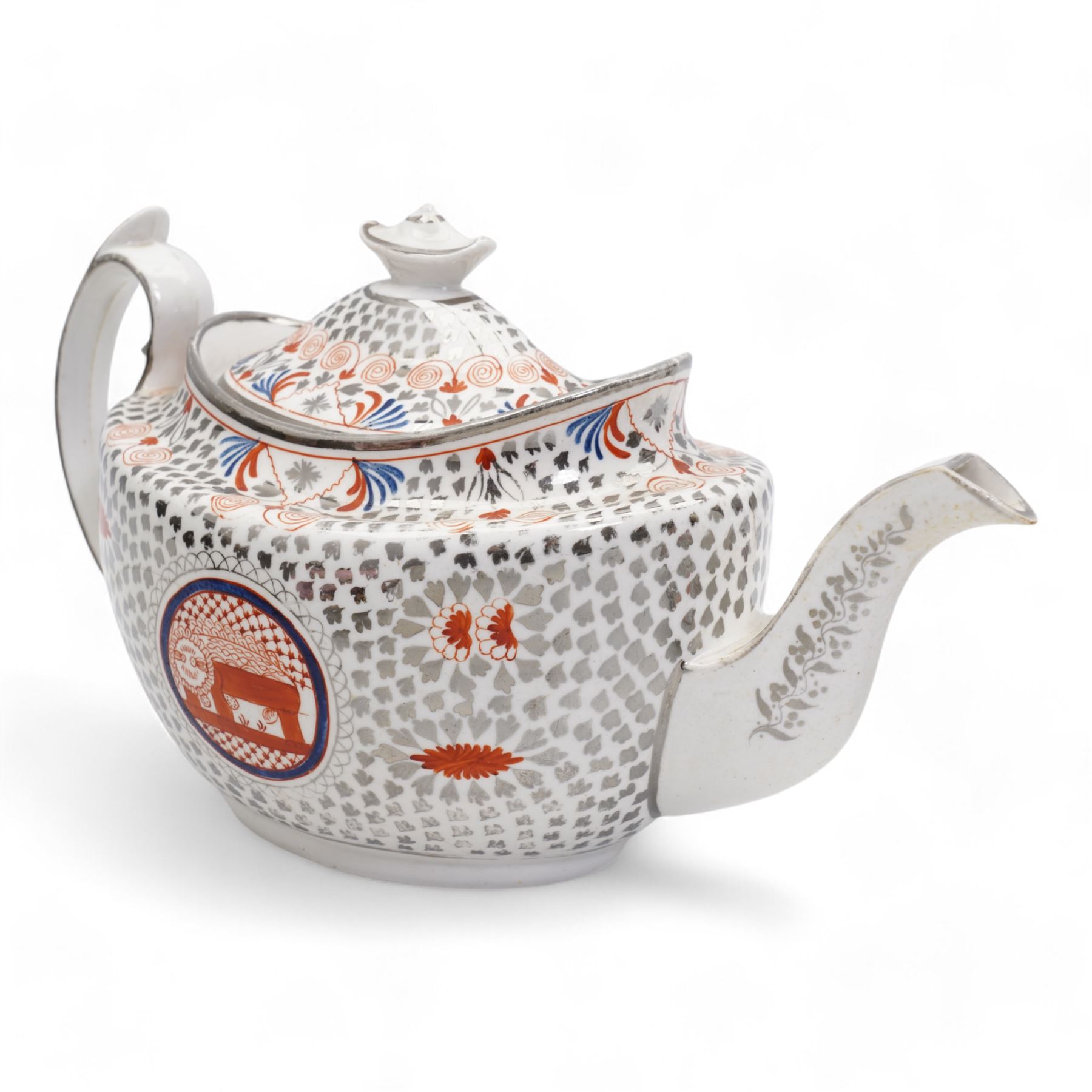 Two porcelain trios by James Bell, Glasgow, each painted with panels of Scottish landscapes, within gilt borders on pink ground, Newhall bute shape teacup, decorated in the Mother and Child pattern, Thomas Wolfe silver lustre teapot and circular dish, together with a Derby cup and saucer 