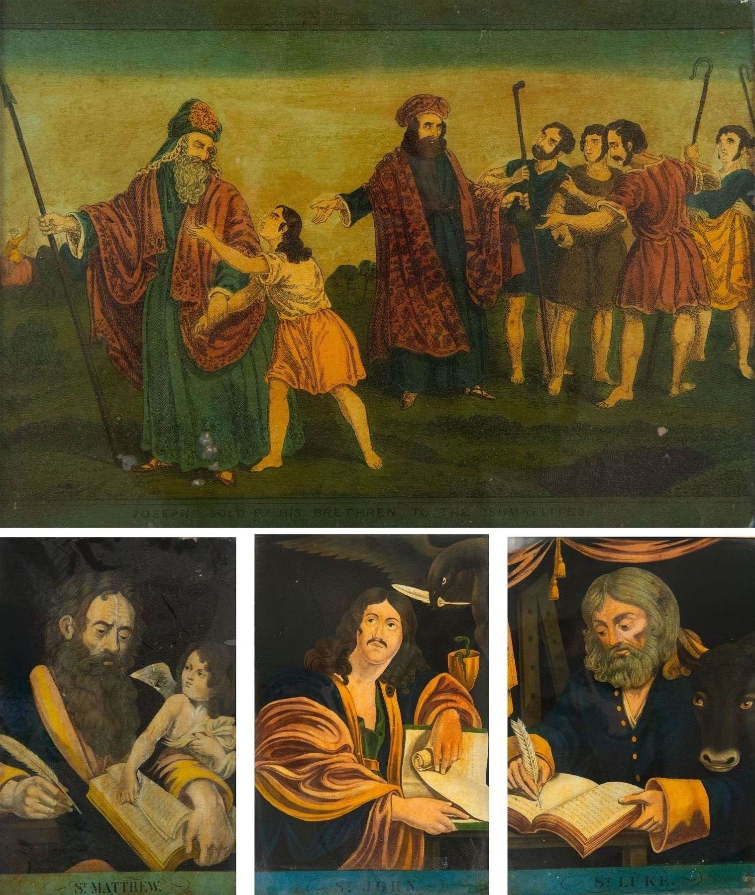 Four mid-19th century reverse glass mezzotints, 'Joseph sold by his brethren to the Ishmaelites' 'St Luke' 'St John' and 'St Matthew', 34cm x 24cm (4)