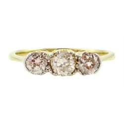 Early 20th century gold three stone old cut diamond ring, stamped 18ct, total diamond weig...