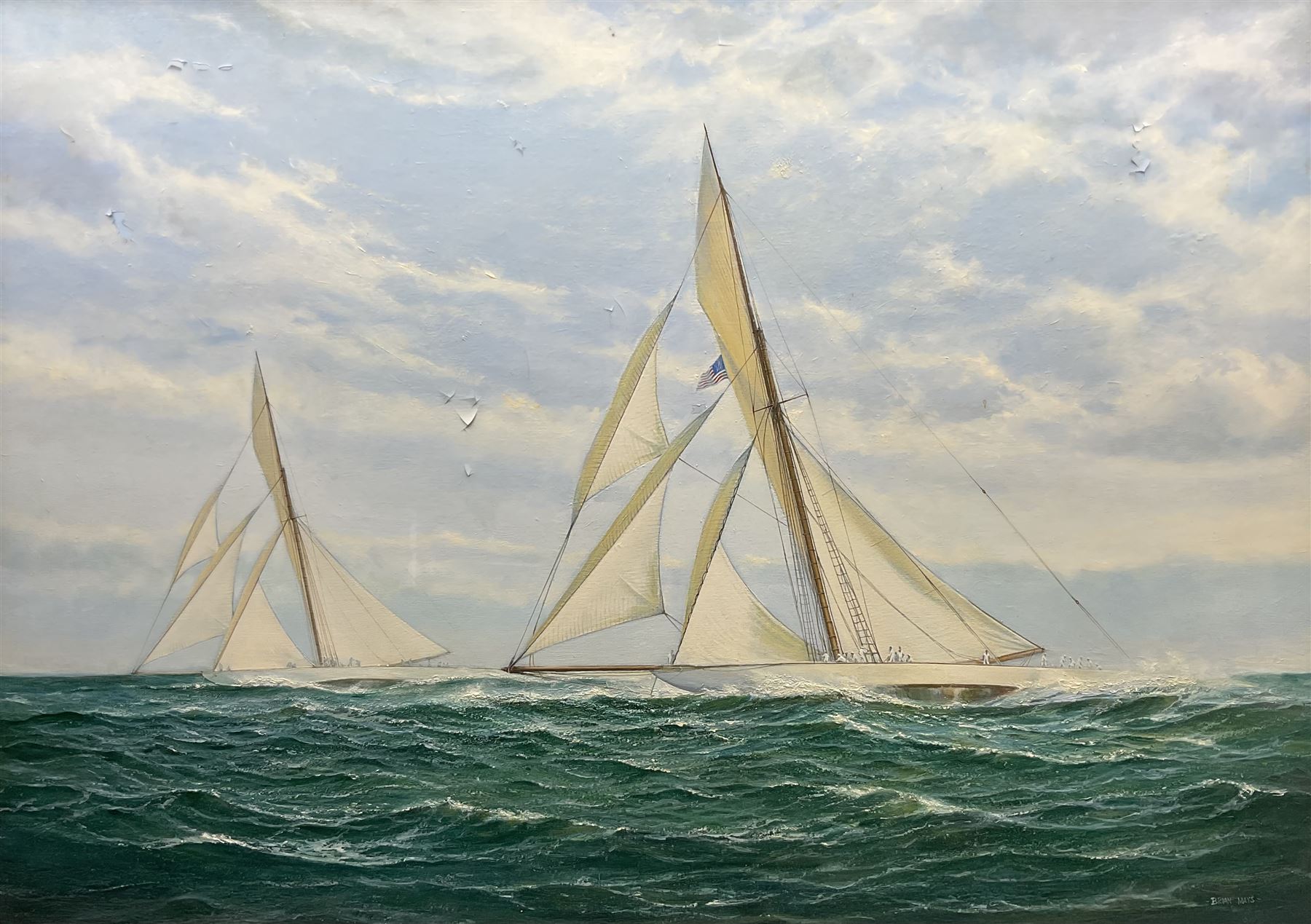 Brian Mays (British 1938-2005): 'Defender Defeats Valkyrie III 1895', oil on canvas signed, titled verso 74cm x 94cm 
Provenance: direct from the family of the artist.