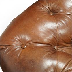 Timothy Oulton for Halo - three seat chesterfield sofa, deep button tufted back and arms in tan leather, loose seat cushions, studded detail to the scrolled arms and lower frieze, raised on turned bun feet