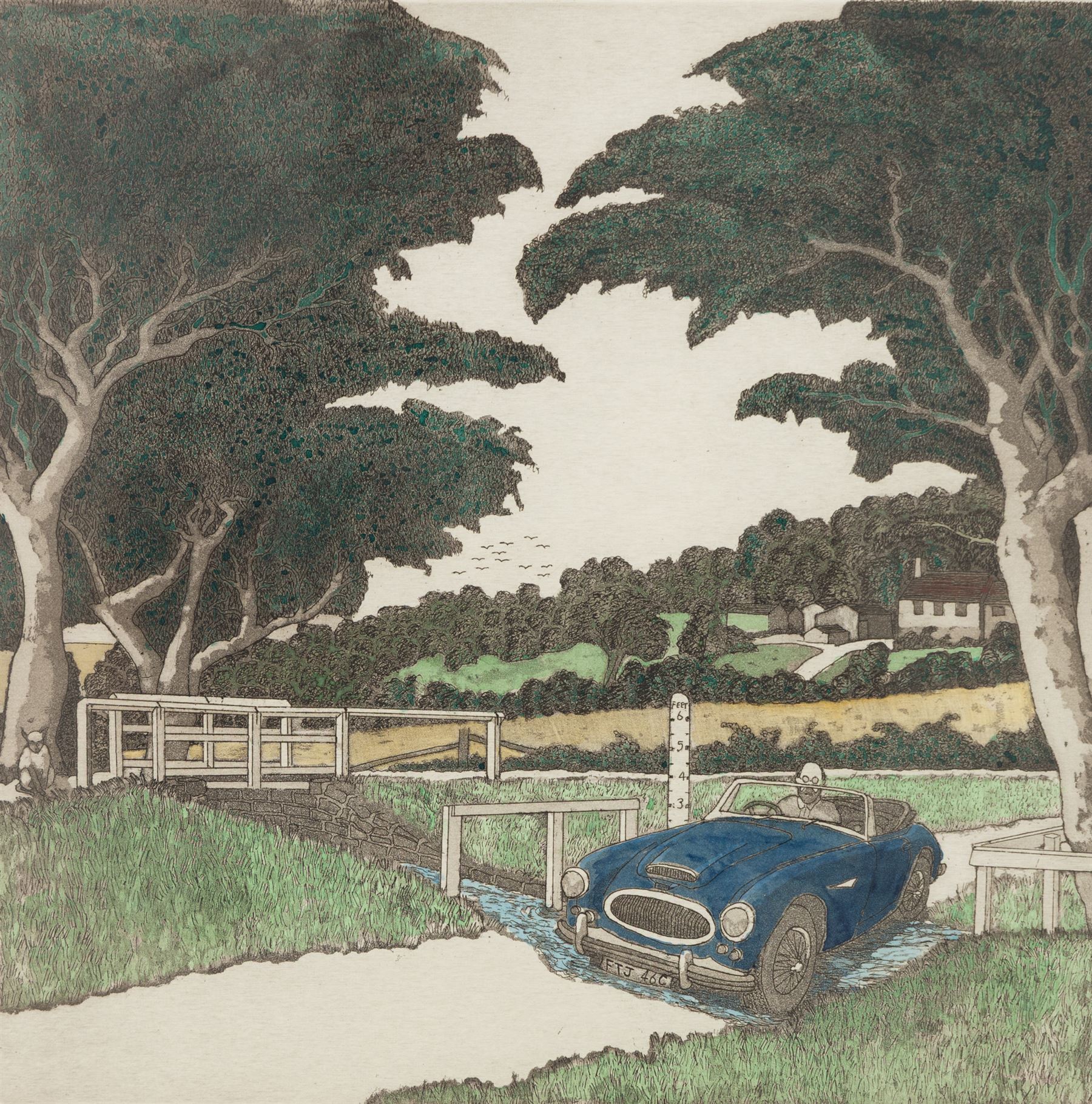 Michael Atkin (Scarborough 1952-): 'Austin Healey MKIII - Ford and Footbridge', limited edition coloured etching signed titled and numbered 8/60 in pencil, 31cm x 31cm 