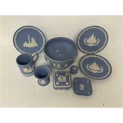 Wedgwood Jasperware footed bowl, together with other Wedgwood jasperware, to include Piccadilly Circus 1971 Christmas book, covered trinket boxes, Christmas plates etc (9)