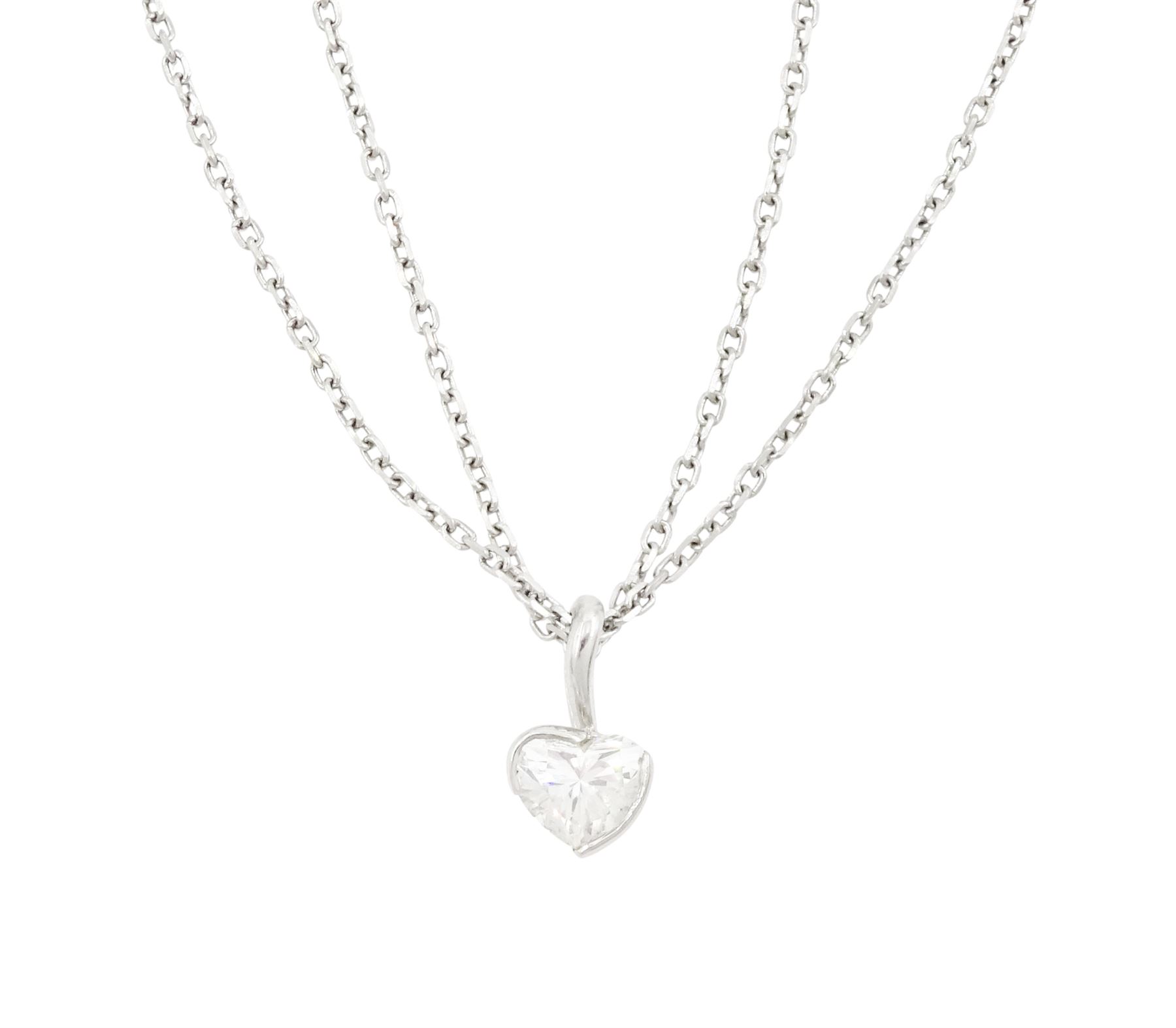 Boodles platinum diamond pendant necklace, single heart cut diamond of approx 0.40 carat, on a double trace link chain necklace, with an 18ct gold Boodles tag