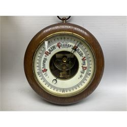 Oak cased Benn Franks Opticians barometer and brass helmet shaped coal scuttle, H47cm