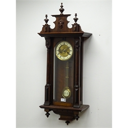  Early 20th century Vienna style wall clock with turned finials, circular Roman dial and twin train half hour striking the hours on a coil, H91cm  