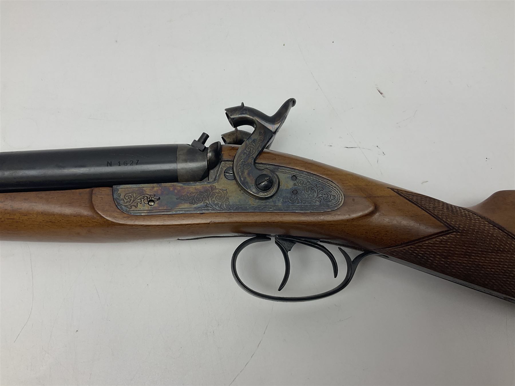 SHOTGUN CERTIFICATE REQUIRED: Fabbrica Armi F.lli Pietta Gussago BS Italy 12-bore side-by-side muzzle loading black powder double barrel percussion hammer gun, retailed by Navy Arms Co. Ridgefield N.J., the 71cm (28