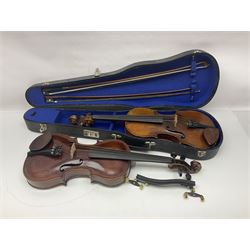 German trade violin in the Steiner style c1900 with 35.5cm two-piece maple back and ribs and spruce top L59cm overall; in fitted carrying case with two bows; and a Saxony violin with 35.5cm one-piece maple back and ribs and spruce top L58.5cm overall (2)