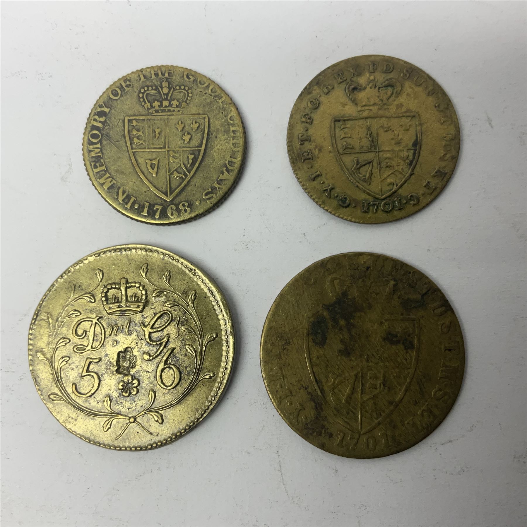 George III gaming tokens, various coin weights, Queen Victoria India 1877 two annas coin with The Lords Prayer engraved to the obverse (holed) and other paranumismatic items 