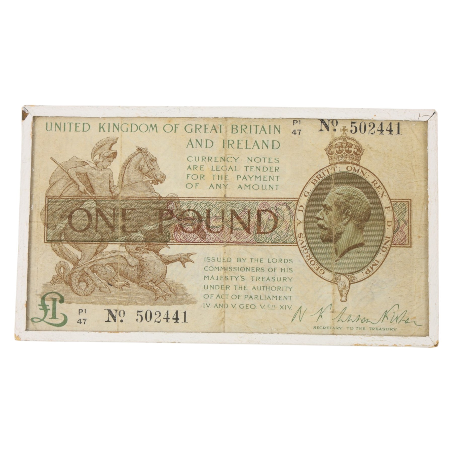 Two King George V Bradbury one pound notes, C46 154099 and P147 502441, in small glass frames