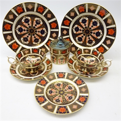  Pair Royal Crown Derby Old Imari cups and saucers, pair side plates, tea plate and preserve jar and cover no. 1128 (8)  