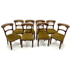 Set eight early 19th century mahogany dining chairs, shaped and carved cresting rail, studded upholstered seat, turned tapering supports 