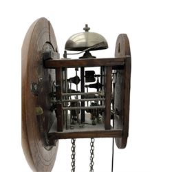 Small late 19th century German Bavarian wall clock c1880, 6” painted dial with Roman numerals, minute track and steel moon hands, cast brass bezel and flat glass with a mahogany surround, chain driven striking movement striking the hours on a bell, wooden plated movement with brass wheels and lantern pinions. With original pendulum and original weights.

