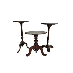 19th century and later carved mahogany and walnut pedestal table (41cm x 33cm, H70cm), an early 20th century mahogany and beech wine table, and another small occasional tripod table