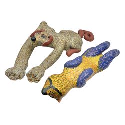 Helen Skelton (British 1933 – 2023): Two carved wooden abstract sculptures, one modelled as a dog, the other modelled as a bear, both with painted stippled decoration, largest H20cm. Born into an RAF family in 1933 in Kent and travelled the world extensively during her childhood. After settling in Bridlington, Helen immersed herself in painting, textiles, and wood sculpture, often inspired by nature's beauty. Her talent was showcased in a one-woman show at Sewerby Hall and recognised with the sculpture prize at Ferens Art Gallery in 2000. Sadly, Helen’s daughter passed away from cancer in 2005. This loss inspired Helen to donate her sculptures to Marie Curie upon her passing in 2023.