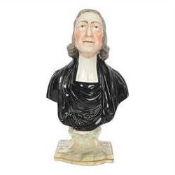 19th century Staffordshire Enoch Wood pottery bust, The Reverend John Wesley, mounted on a...