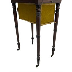 Narrow George III mahogany sewing or work Pembroke table, drop-leaf rectangular top with rounded corners inlaid with ebony stringing, fitted with single full-length cock-beaded drawer and opposing false drawer fascia, turned handles and ivory escutcheons, sliding upholstered storage bag beneath, on ring turned supports with brass cups and castors

This item has been registered for sale under Section 10 of the APHA Ivory Act