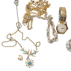 Early 20th century gilt metal swallow necklace, 18ct '13' heart pendant, silver panel bracelet, silver chatelaine hand mirror, Birmingham 1922, Halcyon Days enamel box, ladies Rotary wristwatch, Spendid pendant watch, miniature Japanese Satsuma vase and other costume jewellery 