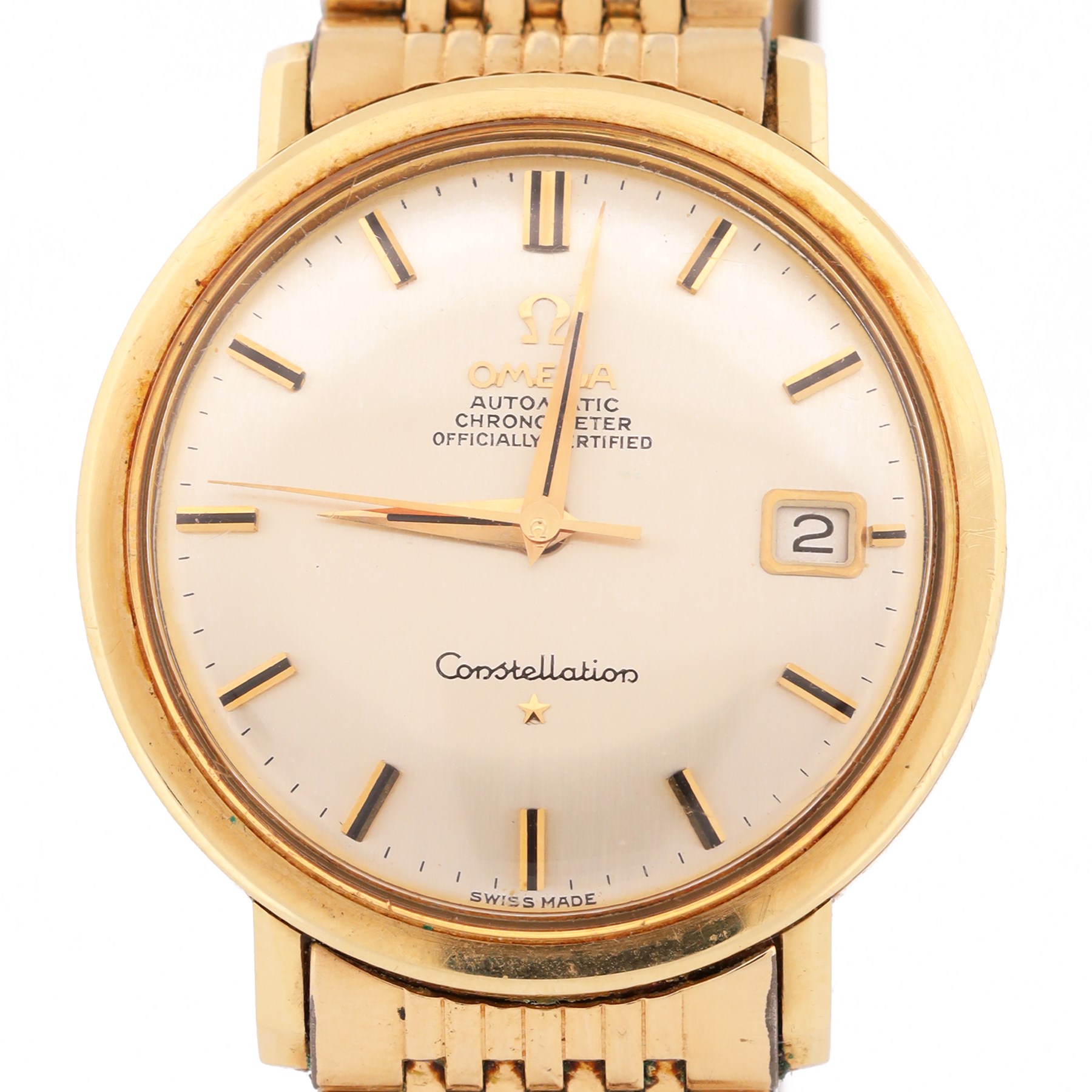 Omega Constellation gentleman's gold-plated and stainless steel automatic chronometer wristwatch, Ref. 168.004, Cal. 561, champagne dial with baton hour markers and date aperture, on Omega gold-plated bracelet, with fold-over clasp 