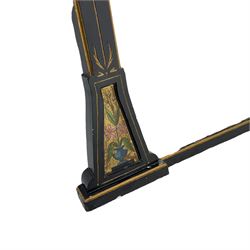 Late 19th century Aesthetic Movement ebonised overmantle mirror, rectangular plate flanked by painted floral panels and gilt carved decoration