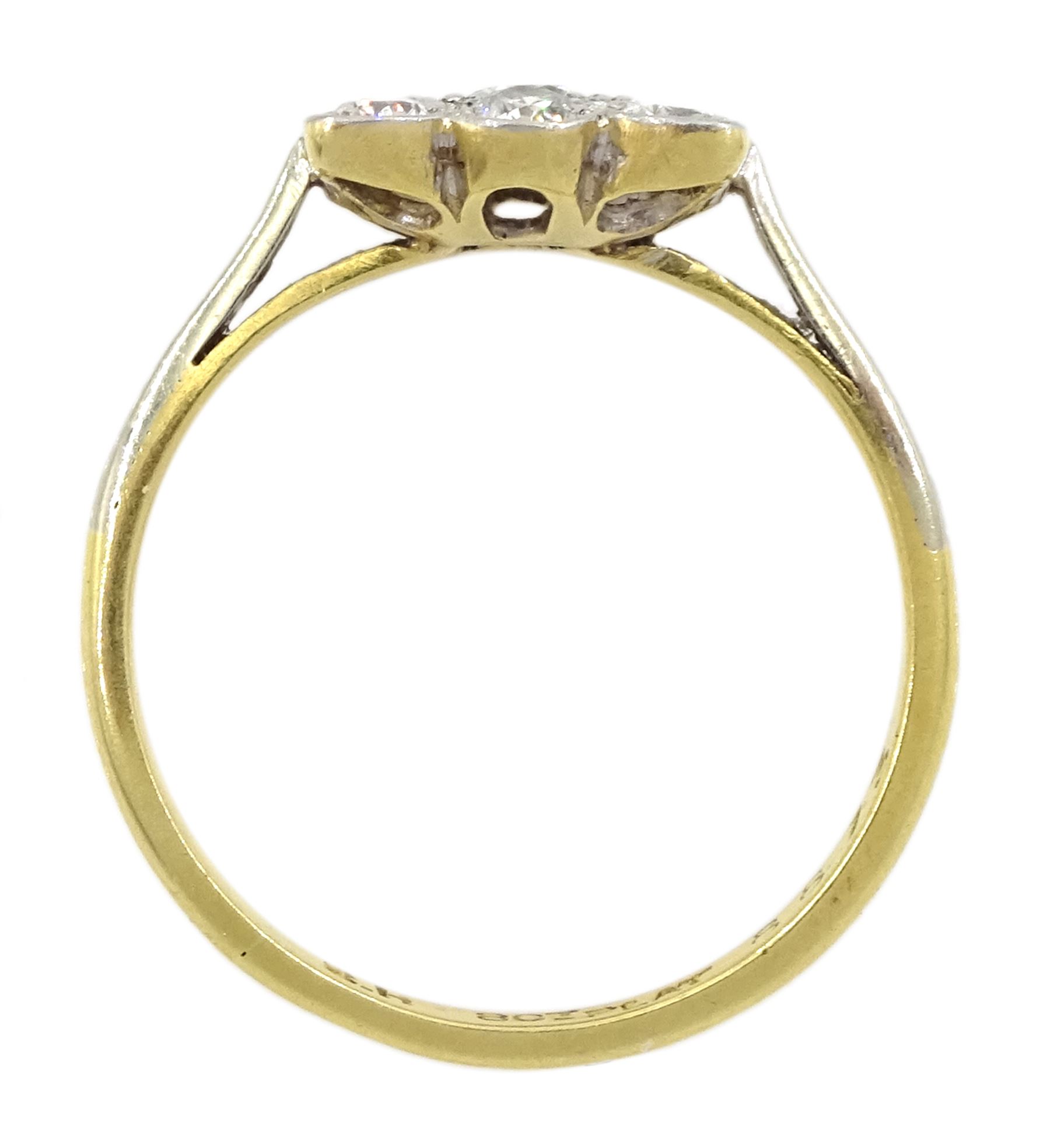 Early-mid 20th century 18ct gold milgrain set diamond square cluster ring, stamped, total diamond weight approx 0.45 carat