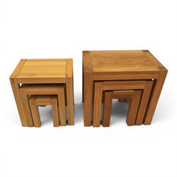 Two solid oak nests of three tables, largest H 60cm, W 55cm