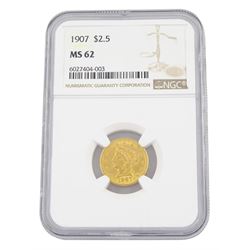 United States of America 1907 Liberty head gold two and a half dollar coin, encapsulated and graded MS62 by NGC