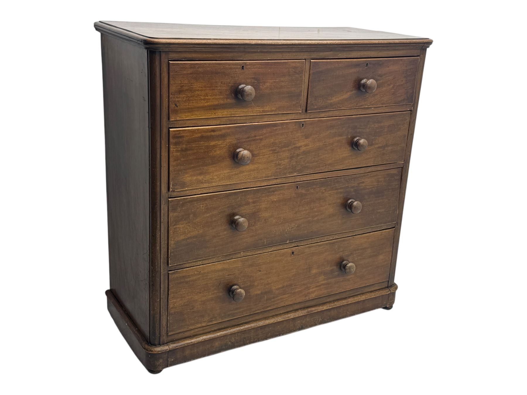 19th century mahogany chest of drawers, rectangular top over two short and three long graduated cockbeaded drawers, raised on compressed bun feet