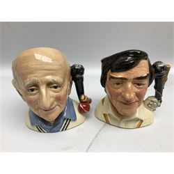Royal Doulton limited edition figure of Geoffrey Boycott O.B.E, HN3890, no 253/8114, together with four Royal Doulton limited edition character jugs of cricket interest, comprising The Hampshire Cricketer D 6739, no 3903/5000, Freddie Trueman O.B.E, D 7090, no 502/9500, Brian Johnners Johnston, D 7018, no 1281/9500 and Len Hutton D 6945 no 263/9500, four with certificates, one with box