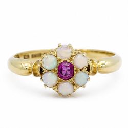 Edwardian 18ct gold ruby and opal flower head cluster ring, single oval cut ruby, surround...