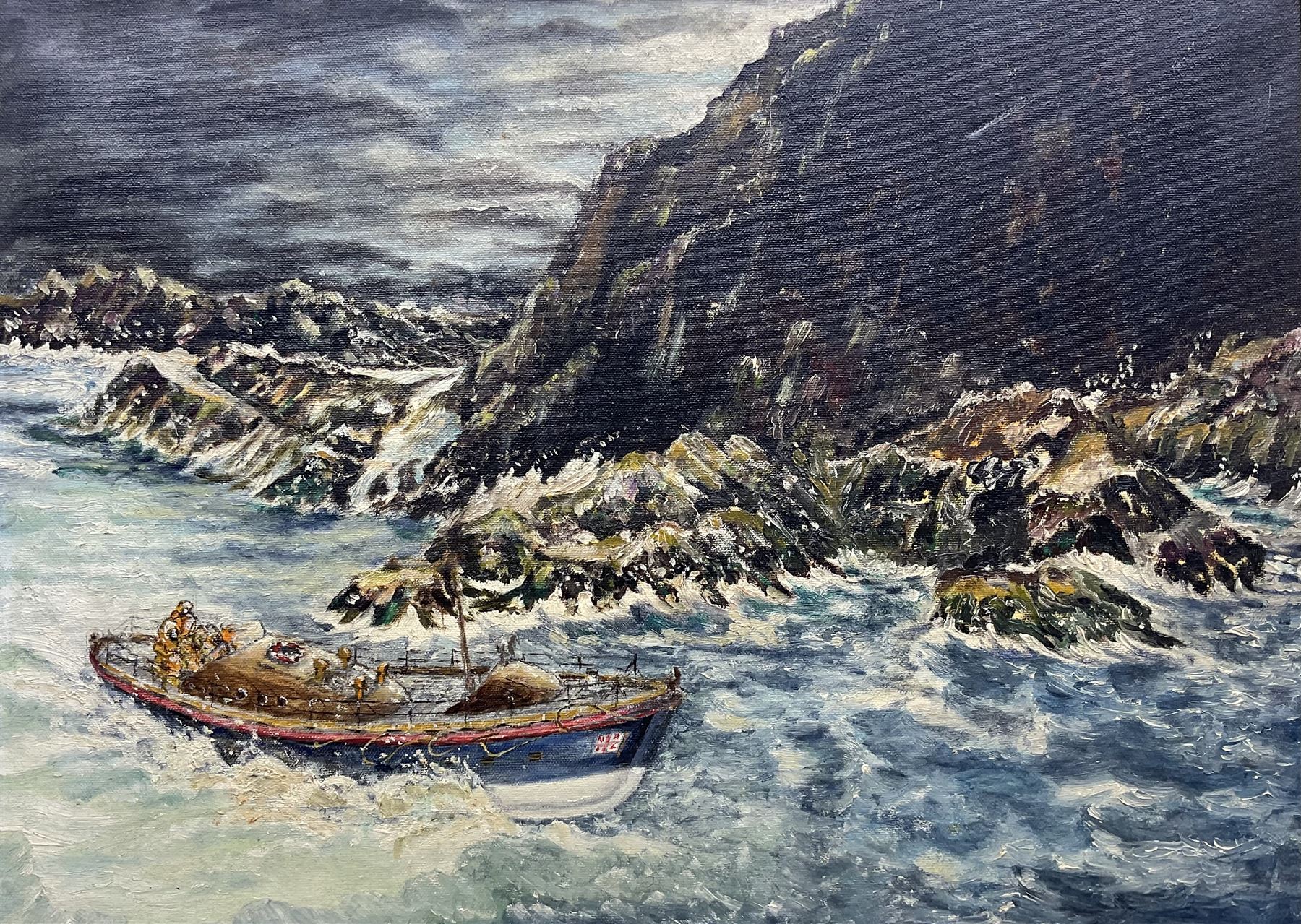Harley (British 20th century): Lifeboat off the Rocks, oil on canvas signed 44cm x 60cm