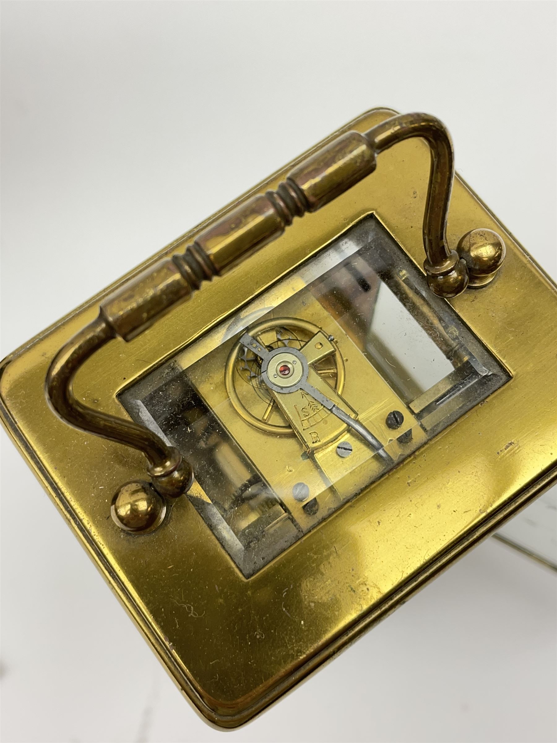 Early 20th century brass carriage clock time piece, white enamel Roman dial, single train driven movement 