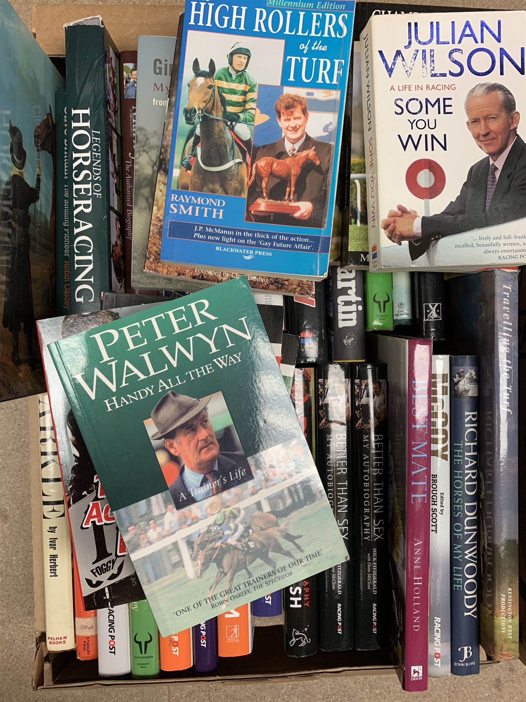 Books, mostly relating to horse racing including 'Kieren Fallon from my autobiography', 'Frankincense and More' the biography of Barry Hills,  various other similar biographies and autobiographies and a few DVDs related to horse racing, in three boxes