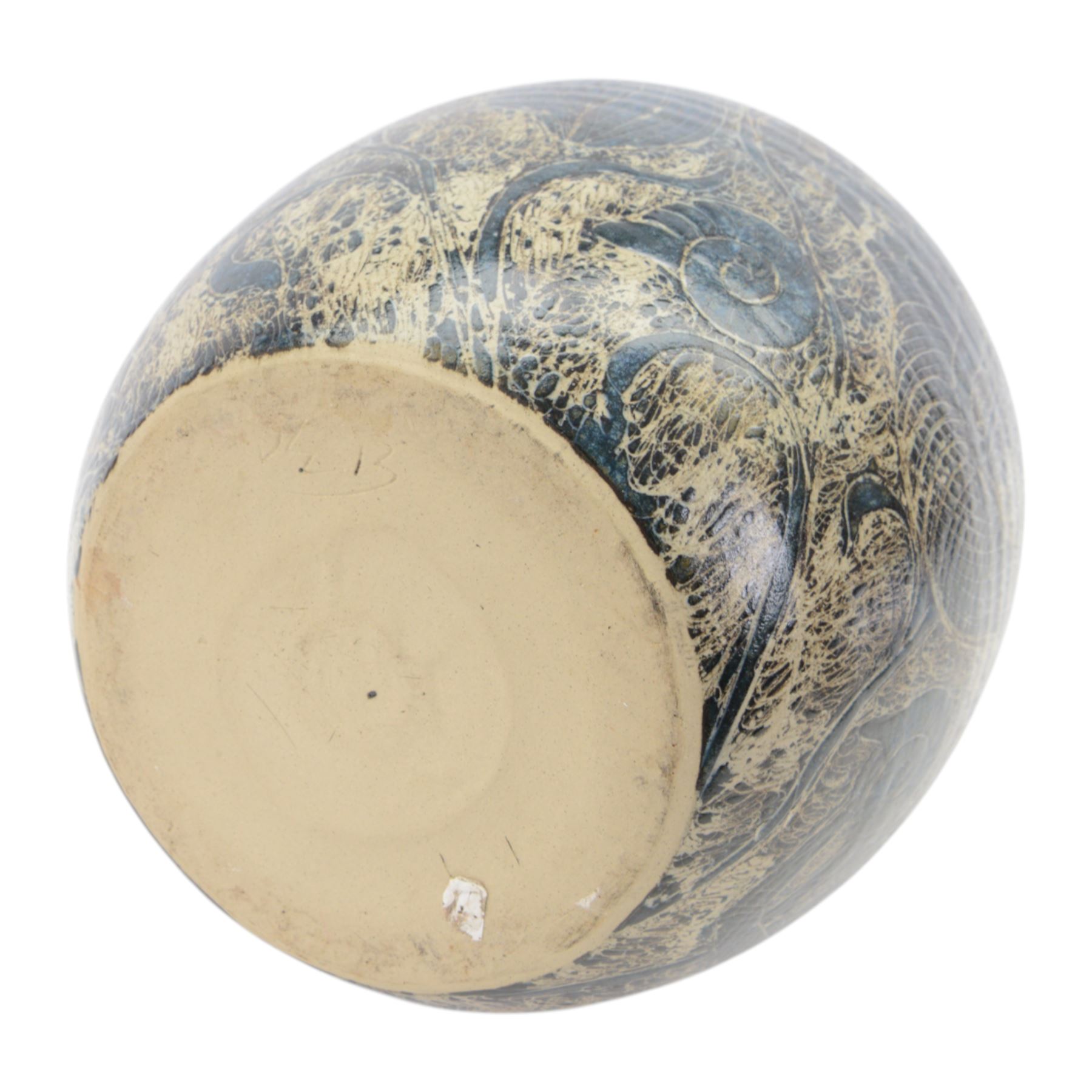 John Egerton (c1945-2024): studio pottery stoneware vase of baluster form, decorated with fish, mermaids and ammonites upon a blue ground, H56cm 