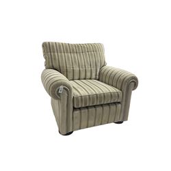 Duresta - 'Waldorf' armchair, in neutral striped fabric, on compressed bun feet