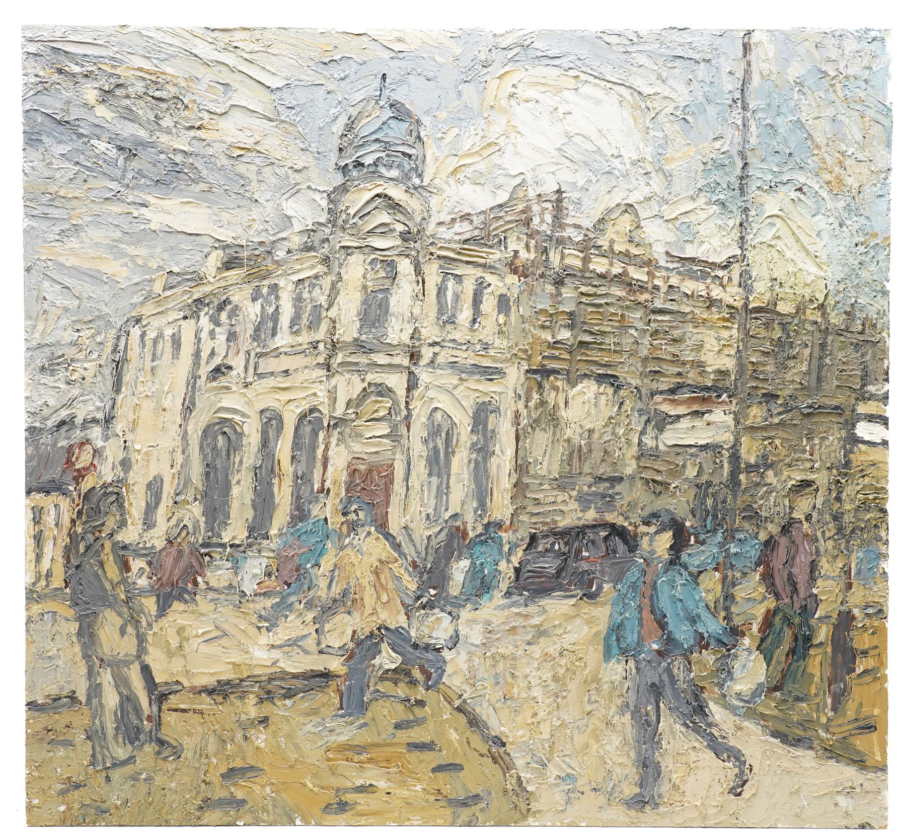 Barry De More (Yorkshire 1948-2023): 'Colne with Figures', oil on board, signed titled verso 61cm x 66cm (unframed)
Provenance: consigned by the artist's widow