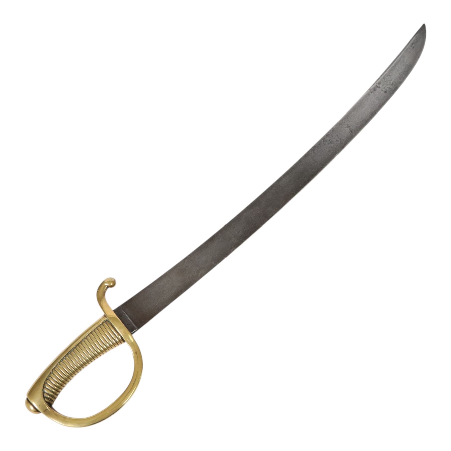 19th Century Grenadier Briquet short sabre sword, 59cm curved blade, brass ribbed grip and D shaped knuckle guard, overall L74cm