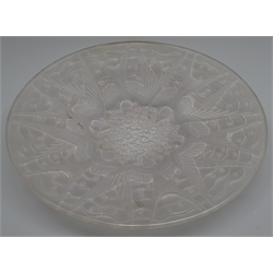  1920's/ 30's French glass dish by Pierre D'Avesn, moulded in relief with a radial design of six swallows, flower heads and waved border, D36cm   