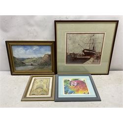 Urbain Huchet (French 1930-): 'Les Trois Mats', limited edition print signed and numbered 128/200 in pencil 53cm x 75cm; Cathedral Exterior, watercolour unsigned 35cm x 25cm; Sailing Boat on the Avon, 19th century oil on canvas unsigned 26cm x 36cm; together with three further pictures (6)