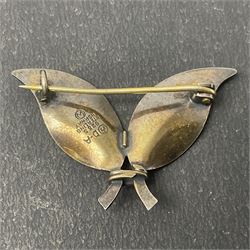 Norwegian silver-gilt red guilloche enamel double leaf brooch, by David Andersen, stamped DA Sterling Norway 925S, H2.6cm